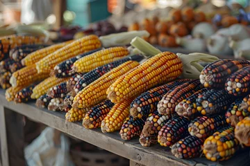 Fotobehang Mix of peruvian native variety of heirloom corns from local market in Cusco, Peru that use for making Chicha morada which is the staple food for Inca and Maya people around Central and South America © xavmir2020