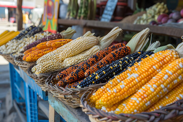 Mix of peruvian native variety of heirloom corns from local market in Cusco, Peru that use for making Chicha morada which is the staple food for Inca and Maya people around Central and South America - obrazy, fototapety, plakaty