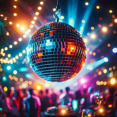 Fototapeta premium disco ball and lights. disco, ball, party, dance, mirror, club, light, music, nightclub, night, disco ball, Ai generated 