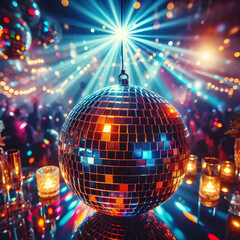 shiny disco ball. disco, ball, party, mirror, dance, club, music, light, disco ball, sphere, discoball, night, nightclub, decoration, reflection, bright, christmas, celebration,Ai generated 