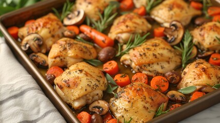 a pan filled with chicken, carrots, mushrooms, and other veggies on top of a table.