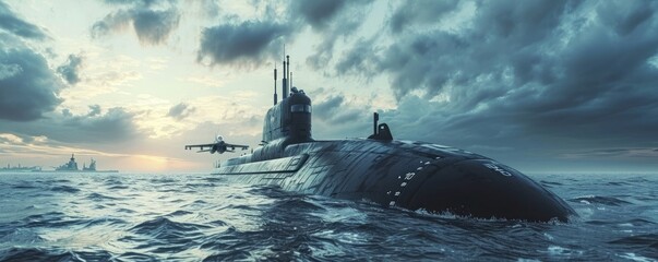Generic military nuclear submarine floating in the middle of the ocean with a fighter jet in the background, wide poster design with copy space area. Generative AI