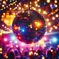 disco ball with lights.  ball, party, dance, mirror, light, club, music, disco ball, night, nightclub, sphere, abstract, bright, discoball, Ai generated 