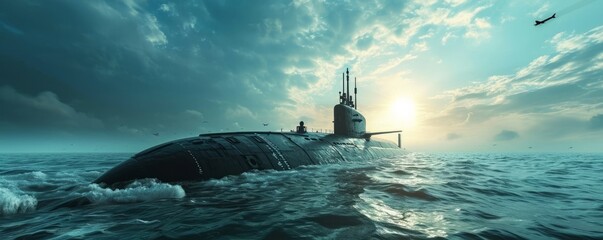Generic military nuclear submarine floating in the middle of the ocean with a fighter jet in the background, wide poster design with copy space area. Generative AI - obrazy, fototapety, plakaty