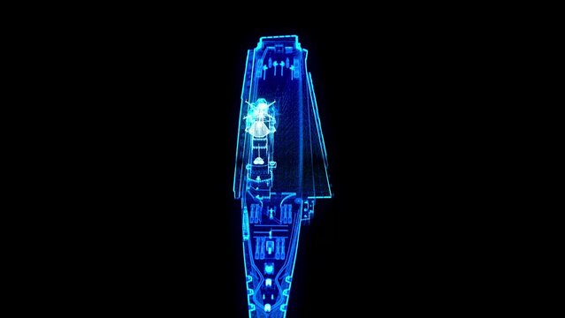 Aircraft carrier. Military ship concept background. Blue particles and lines form wire-frame 3d model aircraft carrier.