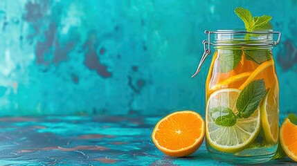 Fototapeta premium a glass jar filled with sliced oranges and mint on top of a blue tablecloth with a blue wall in the background.