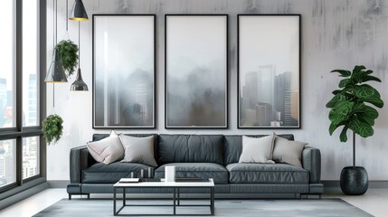 A highly Photorealistic image. Interior empty poster frame Mockup with ratio 2:3 in the living room. Middle-size ordinary city flat.