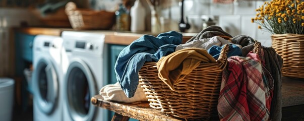 laundry clothes pile in a wicker basket at bathroom or utility counter next to washing machine for washing service and housework schedule as wide banner design. Generative AI - obrazy, fototapety, plakaty