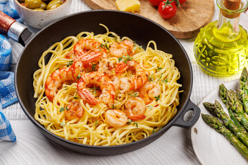 A delightful Italian pasta adorned with shrimps