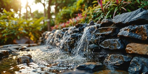 outdoor home modern water feature fountain waterfall as wide banner with copy space area for garden landscape design concepts - Generative AI - obrazy, fototapety, plakaty