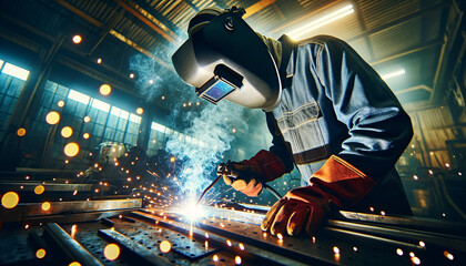 a welder at work, with sparks flying from the welding processed - obrazy, fototapety, plakaty