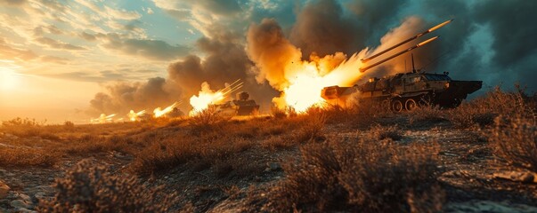 panoramic view of a generic military battalion defense system shooting missiles during a special operation, wide poster design with copy space area, Generative AI
