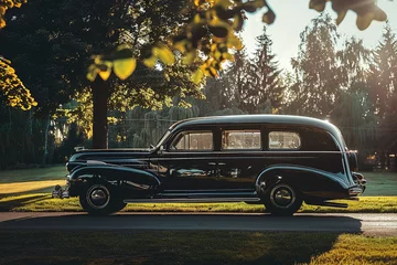 Fototapete old car, autumn, park, hearse, style, classic, transport, old, vintage, retro © Sergei