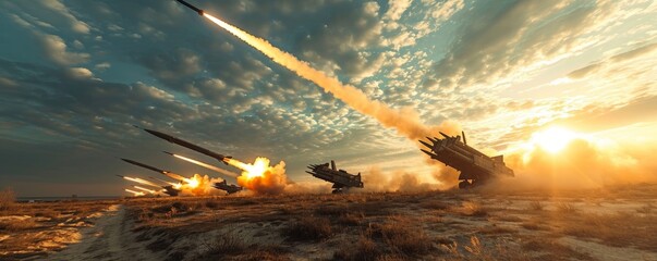panoramic view of a generic military battalion defense system shooting missiles during a special operation, wide poster design with copy space area, Generative AI