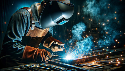 a welder in protective gear engaged in welding, with sparks illuminating the dark workshop environment - obrazy, fototapety, plakaty