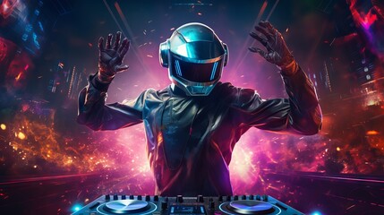 Futuristic party scene with a colorful AI dj robot and music speakers
