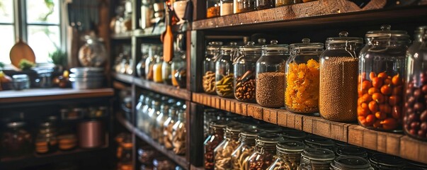 kitchen pantry storage room for home supplies organized with food containers and glass jars on shelves racked cabinets, Generative AI - obrazy, fototapety, plakaty