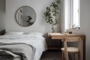 White bedside table and mirror in a pleasant, eco friendly Scandinavian bedroom. Minimalism
