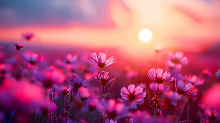 Foto op Canvas beautiful colorful meadow of wild flowers floral background, landscape with purple pink flowers with sunset and blurred background. Soft pastel Magical nature copy space © Prasanth