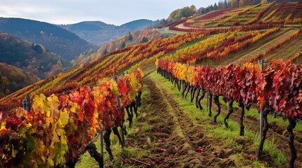 Fallen leaves covering a vineyard on a hillside in autumn