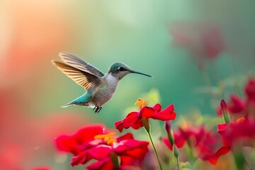 A hummingbird hovers over bright red flowers, wings in a blur, showcasing the delicate balance of nature's beauty and intricacy.