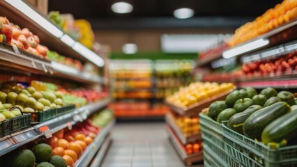 Supermarket store shelves with fruits and vegetables with blurred background