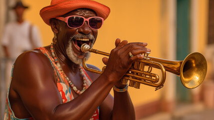 Street Musician Playing Trumpet in Vibrant Atmosphere