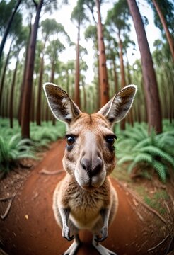 Animal make selfie in forest. Close-up kenguru in forest take selfie. interaction between wildlife and modern photography trends