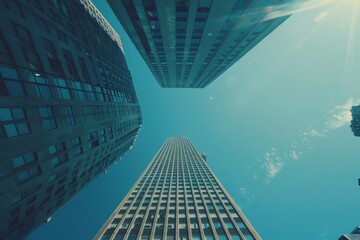 Skyscraper tower bottom up view, blue sunny sky. AI generative