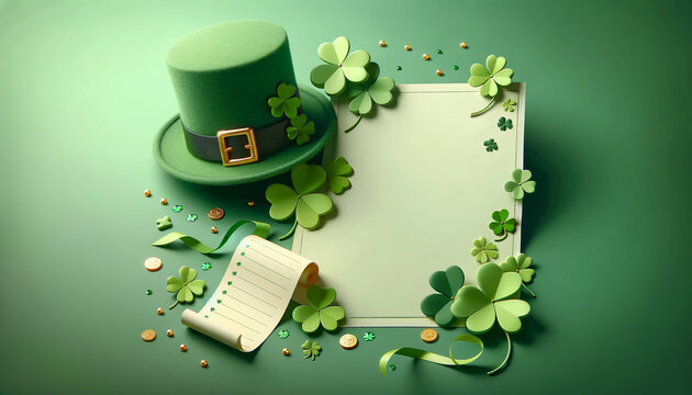 St. Patrick's Day image with a green hat and sheet of paper surrounded by lush shamrock leaves with copy space for ad. AI generative.
