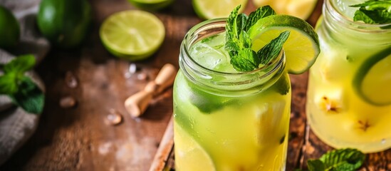 A close-up shot of a mason jar filled with a refreshing drink made with Persian lime and fines herbes on a rustic wooden table.