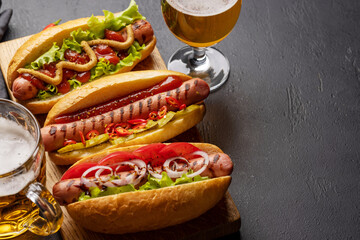 Various hot dog and beer