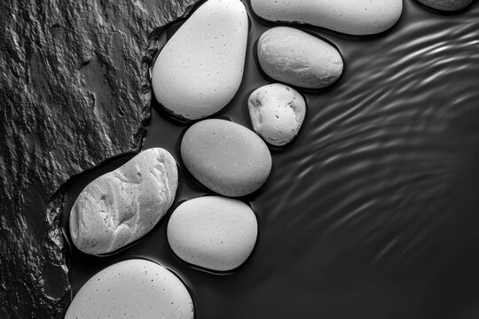Black and white photo of smooth pebbles on a rippled water surface, сreating a zen like atmosphere. Copy space image. Place for adding text