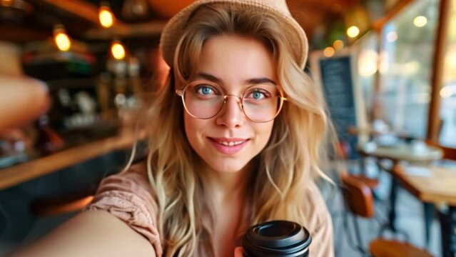 Happy young woman takes a selfie with a cup of coffee on holiday, holiday concept.