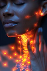 A woman has neck pain.