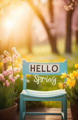 Inscription: "Hello spring" and spring flowers. Spring background