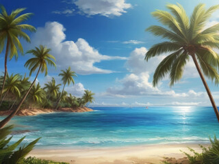 Fototapeta na wymiar Turquoise water of a tropical sea, palm trees along the beach, feathered clouds, generative ai