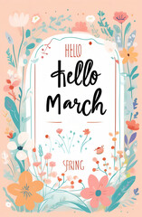 Inscription: "Hello March" and spring flowers. Spring background