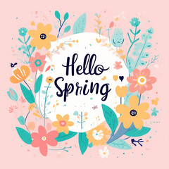 Inscription: "Hello, spring" and spring flowers. Spring background