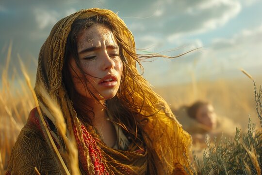 Hagar cries in desert. Bible character.