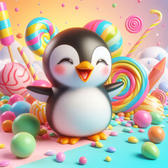 Naklejka premium Happy cartoon penguin with a bright rainbow colored background, generative ai