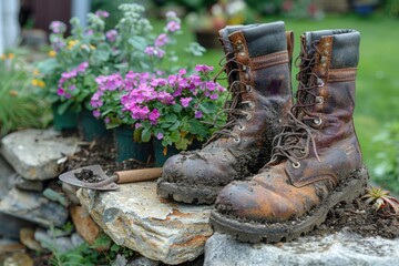 Muddy gardening boots with a trowel on a stone slab, flowers and plants in the background.
