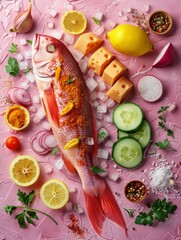 Flat lay of a raw fish surrounded by various cooking ingredients on a textured pink background