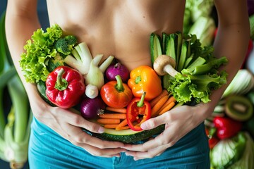 Veggies on woman's stomach. Healthy eating concept.