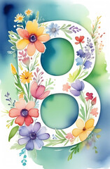 Postcard for working women's day. Number 8 in spring flowers. March 8	