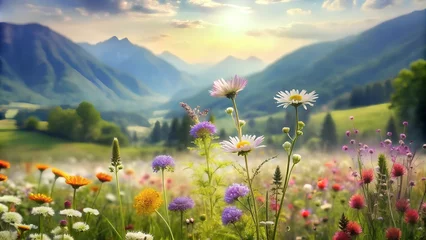  beautiful landscape with flowers and grass in the forest summer landscape. colorful flowers on the background of the mountains © night