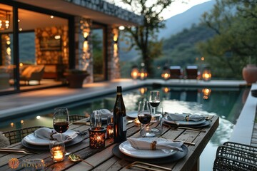 Evening dining setup by a pool with a wine bottle and glasses, and candles, with a mountain view in the background.