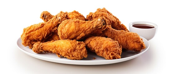 A crispy fried chicken piece sits atop a white plate, accompanied by a cup of sauce. The golden-brown chicken contrasts with the clean white background, making the dish visually appealing.