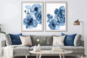 Navy floral poster in living room.