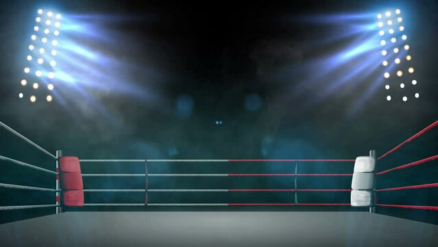 Boxing ring ready for fight. Animation of sport arena and shining spotlights. Indoor sport 4k video background.
